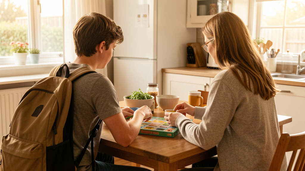 A mentor and young person at a kitchen table in a calm respite setting, shown without identifiable faces