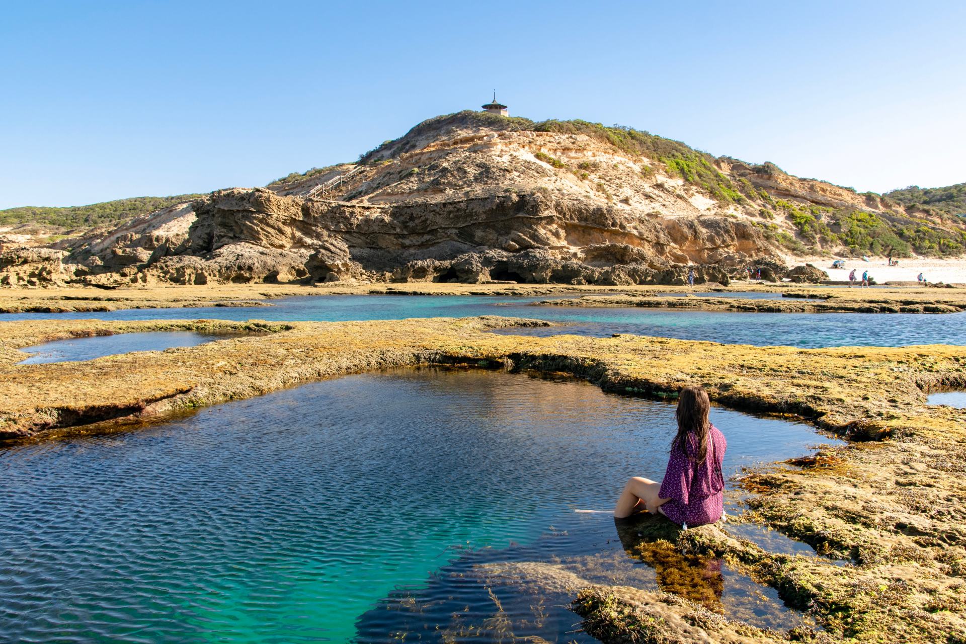 Rock pools and shallow water at a Rye back beach on the Mornington Peninsula