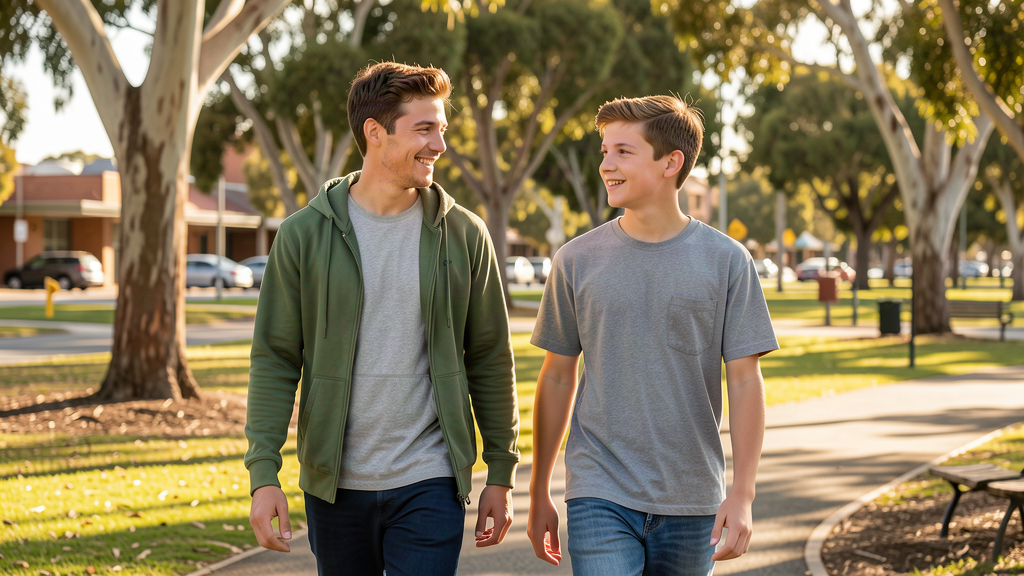 Young mentor and participant walking together in a park setting