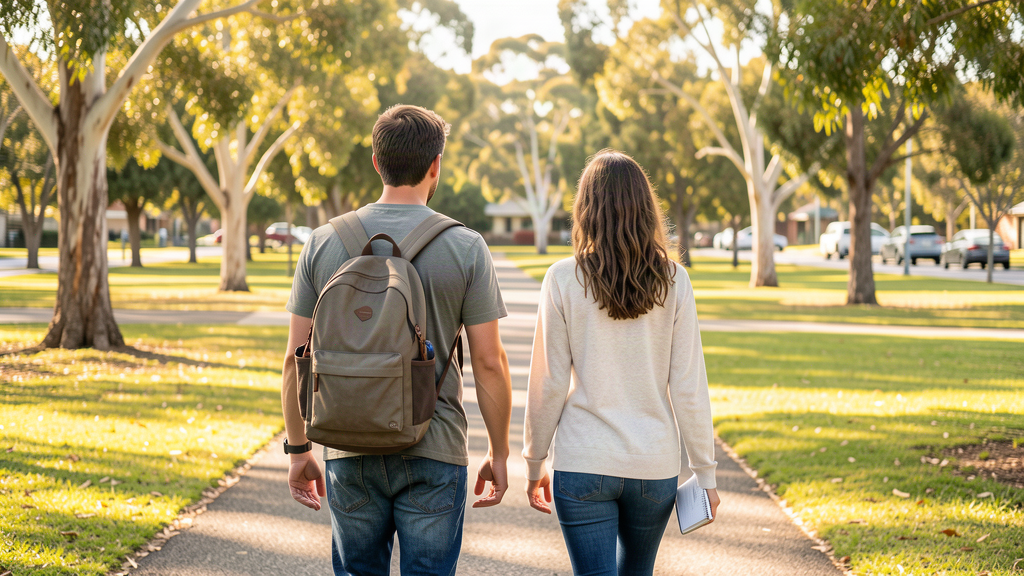 A mentor and young person walking side by side through a park, shown from behind without identifiable faces