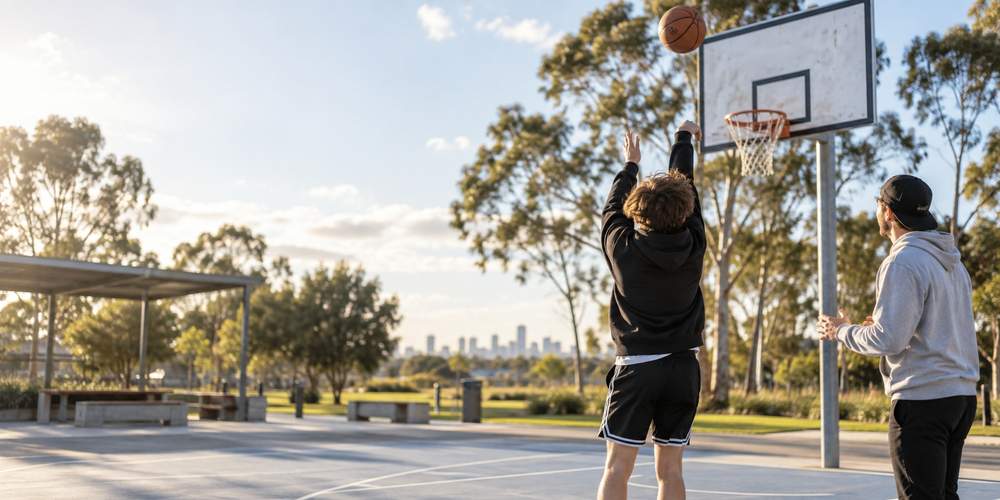 Young person playing basketball during a community access outing with a youth mentor nearby