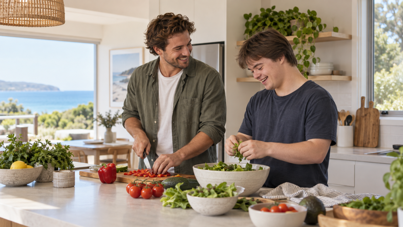 A young person and support worker preparing a meal together in a coastal respite home.