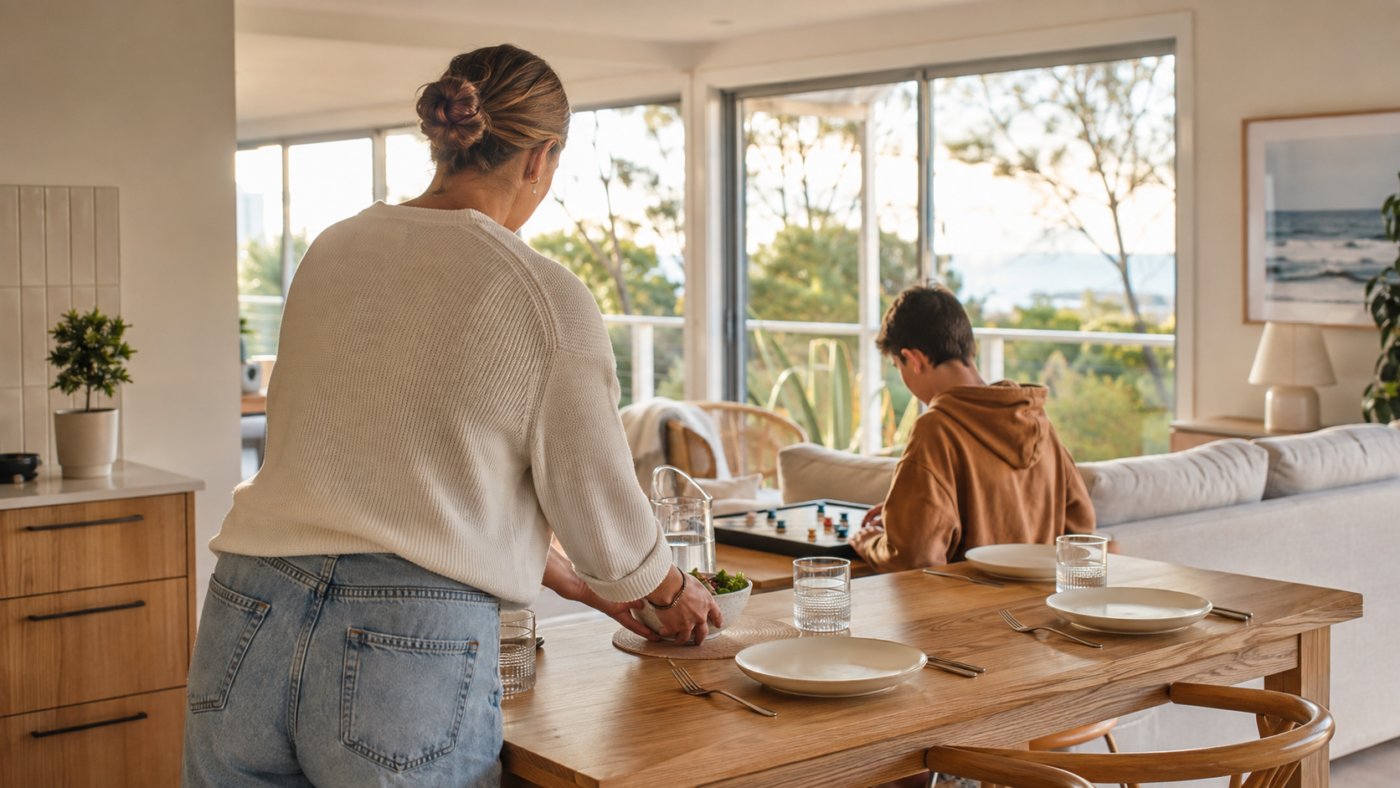 A youth support worker preparing a dining table while a young person plays a board game in a calm coastal home